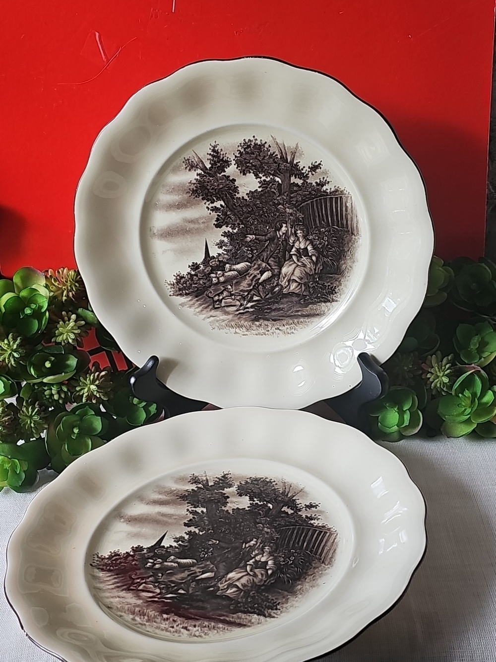 Vintage Beige and Brown Scenic "Courting" Transfer Dinner Plates, Set of 2